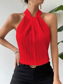 Chiquease Áo cổ yếm họa tiết trơn màu thanh lịch cho trang phục năm mới - Đỏ - Xem 4