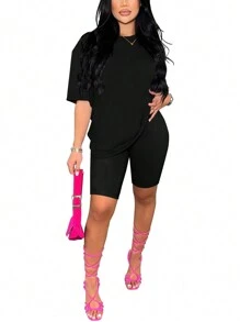 Conjunto De 2 Piezas De Top Y Pantalones Cortos De Manga Corta Holgados De Color Sólido De Verano - Negro - Ver 1