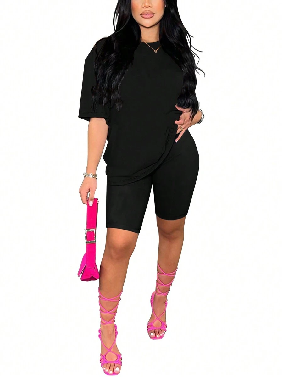 Conjunto De 2 Piezas De Top Y Pantalones Cortos De Manga Corta Holgados De Color Sólido De Verano - Negro - Ver 1