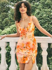 Soleia Ladies' Tie-Dyed Floral Printed Ruffle Hem Dress - Multicolor - View 3