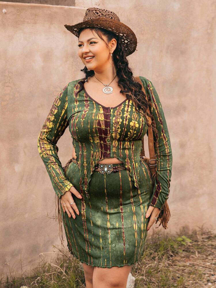 Plus-Size Women Green Stripes Asymmetrical Hem Contrast Color Brown Blouse And Tight Skirt Music Festival National Demeanor Fake Sense Of Two Sets Summer Two Pieces Outfits Concert Outfits Western Woman Attire Plus