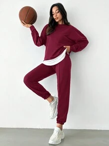 EURMUSE Pantalones deportivos con sudadera de hombros caídos 2 en 1 - Burdeos - Ver 4