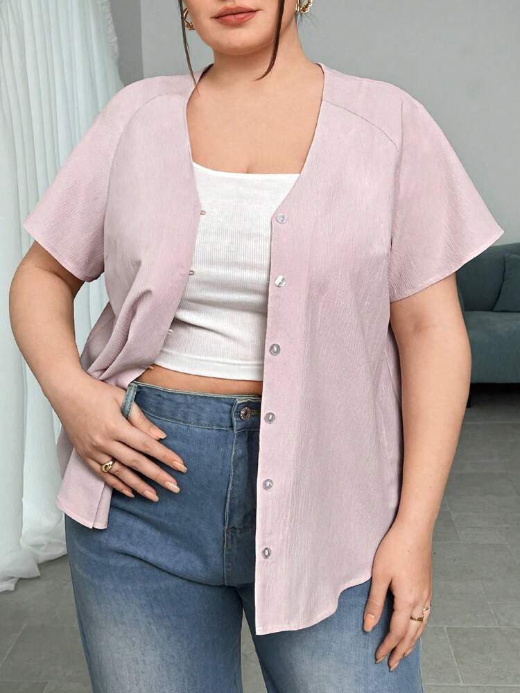 Plus Size Women's Single-Breasted Solid Color Raglan Short Sleeve Shirt