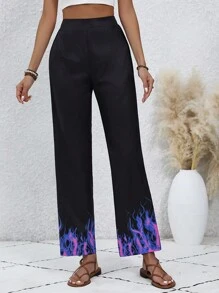 SHEIN LUNE Pantalones De Pierna Recta Con Estampado De Llama - Negro - Ver 4