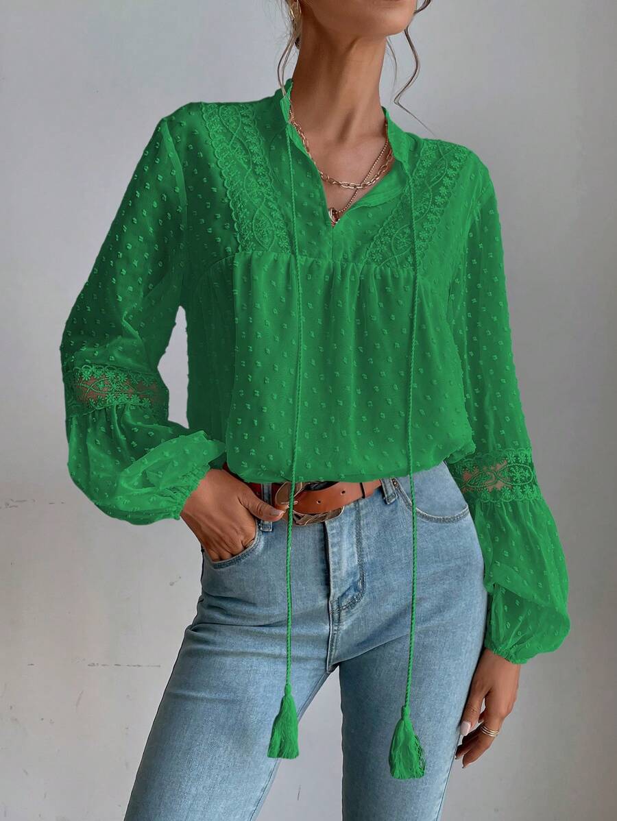 SHEIN LUNE 女士束腰打結蘭領袖衫 - 綠色 - 查看 1