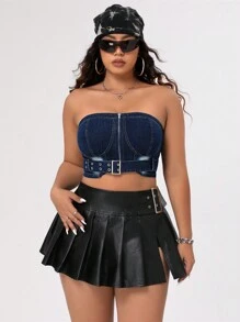 SHEIN ICON Top Bustier De Talla Grande De Mezclilla Con Cintura Con Cinturón - Azul lavado oscuro - Ver 1