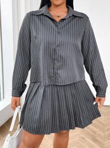 Flirla 加大尺寸條紋鈕扣襯衫和百褶裙 - 灰色 - 查看 6
