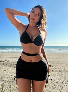 SHEIN Swim Ladies' Drawstring Bikini Bottom Summer - Black - View 2