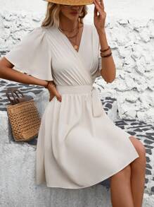 SHEIN Clasi Women's V-Neck Ruffle Sleeve Dress - Apricot - View 5