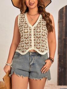 SHEIN VCAY Plus Size Casual Color Block Crochet Knitted Sweater Vest