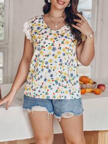 Flirla Kích thước lớn Của phụ nữ Cổ chữ V Viền ren Ngắn tay In hoa Áo Với - Nhiều màu - Xem 2