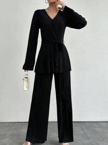 SHEIN PETITE Solid Cross Belted Top & Wide Leg Pants - Black - View 3