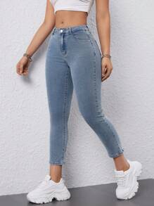 SHEIN EZwear Women's Slim Fit 3/4 Length Denim Pants - Medium Wash - View 6
