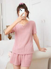 SHEIN 少女針織提花缺角領短袖t卹短褲休閒睡衣套裝 - 粉色 - 查看 5