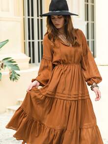 Rusttydustty Chiffon Red V-Neck Tie Waist Elegant Women's Maxi Dress, Casual Bohemian Style For Vacation, Valentine's Day, New Year Party - Brown - View 9