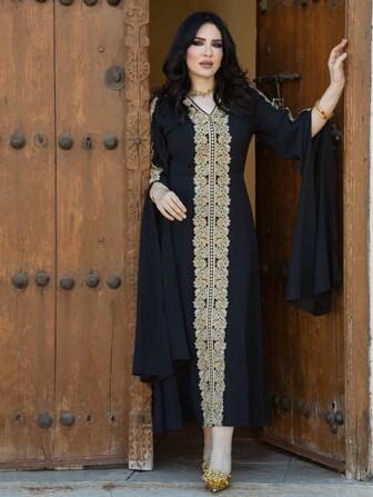 Al Najma 女士花卉刺繡裝飾地長款v領土耳其連衣裙,高開叉