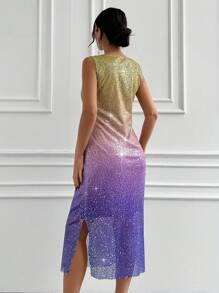 EURMUSE Gradient Sparkle V-Neck Slim Fit Split Hem Dress - Multicolor - View 3