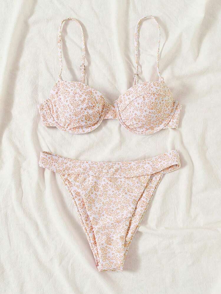 Women's Ditsy Floral Bikini Set With Underwire Support And Spaghetti Straps, Two Pieces Bikini Set Bathing Suit Beach Outfit Summer Vacation Summer Beach