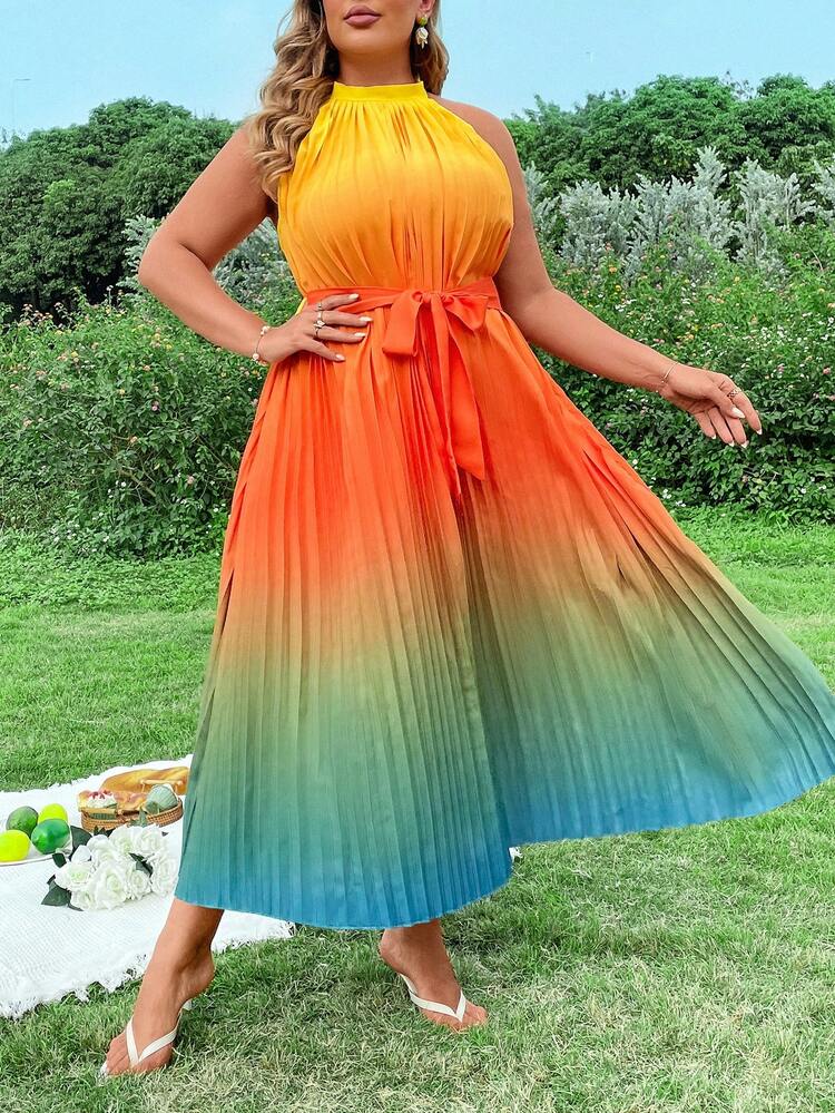 Plus Size Colorful Gradient Pleated Sleeveless Dress