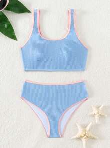 SHEIN Tween Girl's Bikini Set With Textured Wavy Pattern And Color Block, Edging Decor, Bathing Suit Beach Outfit Summer Vacation Summer Beach - Baby Blue - View 1