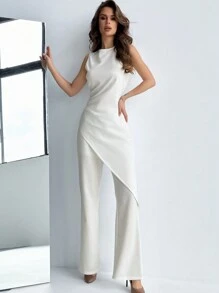 Aloruh 女士不对称下摆收腰上衣 + 喇叭裤 2 件套，白色，商务/婚礼季节 - 白色 - 查看 6