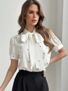 Firerie 适合婚礼季节的优雅通勤和度假心形印花领结长袖衬衫 - 白色 - 查看 1