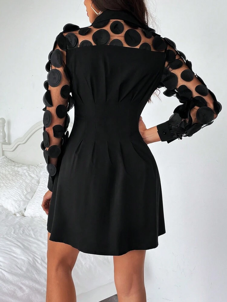 Embroidery Mesh Contrast Front Buckle Pleated Dress Fall Cloth For Women