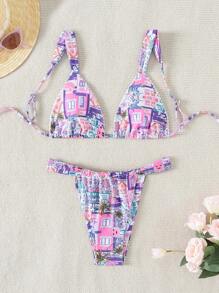 SHEIN Swim Summer Beach Printed V-Neck Bikini Set - Purple - View 1