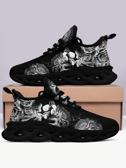 Zapatillas De Running Con Diseño De Calaveras Góticas Para Hombres Con Suela De Cuchilla, Cómodas, Transpirables, Ligeras, Amortiguadoras De Impactos, Acolchadas, Duraderas Y Con Superficie De Malla
