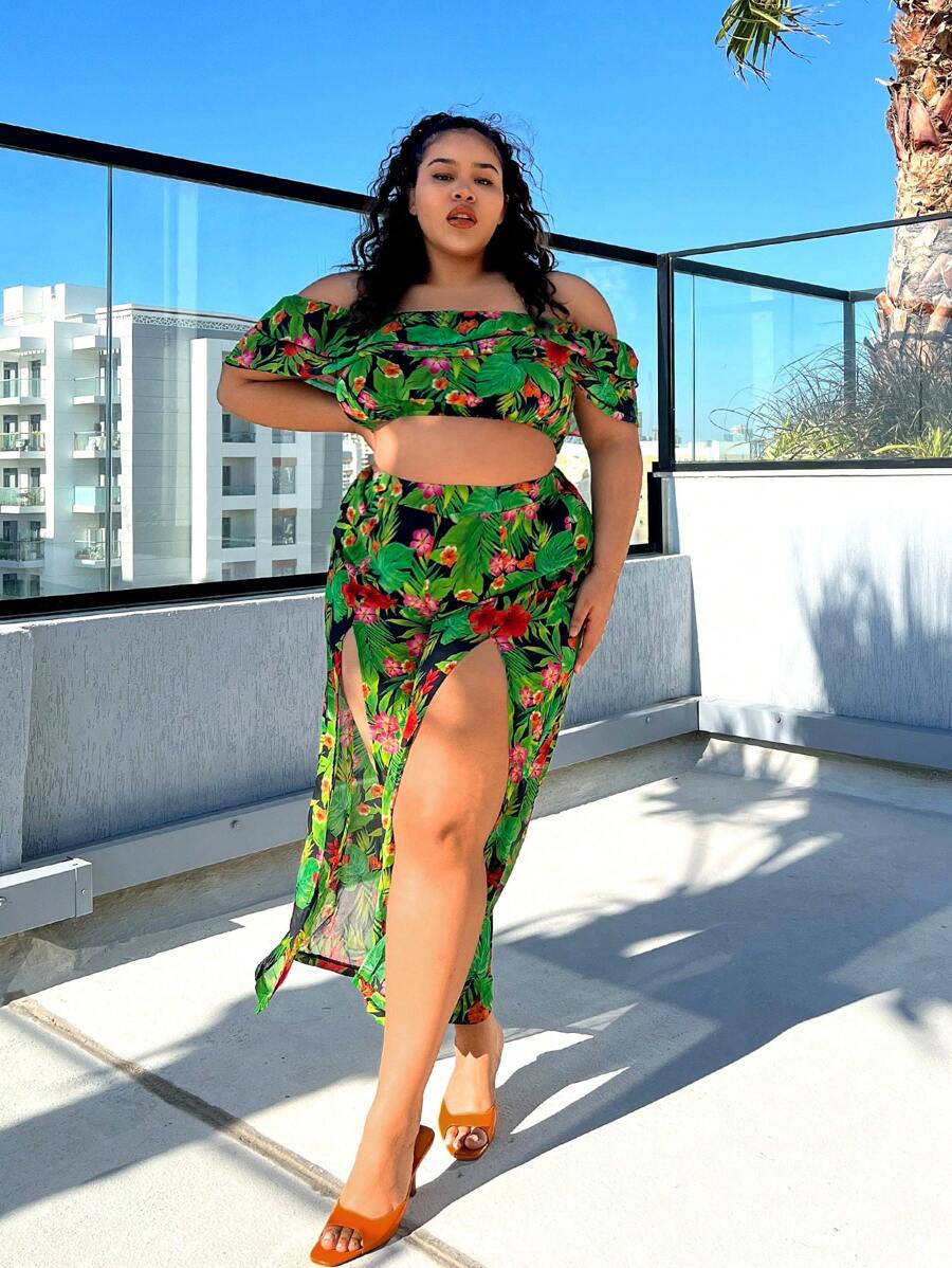 SHEIN SXY Plus Size Women's Off The Shoulder Ruffled Women's Top And Mid-Rise Slit Wide-Leg Pants Printed Vacation Two-Piece Set - Multicolor - View 1