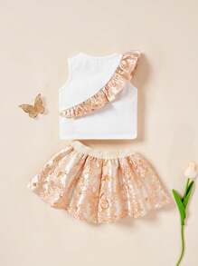 SHEIN Newborn Baby Girl Color Block Splicing Jacquard Fabric Round Neck Sleeveless Blouse With Ruffle, A-Line Skirt Set - Multicolor - View 7