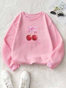 Flirla Cherry Printed Round Neck Casual Sweatshirt With Drop Shoulder Graduation,Back To School Outfits,Graduation,Teacher Outfits For Women,Back To School