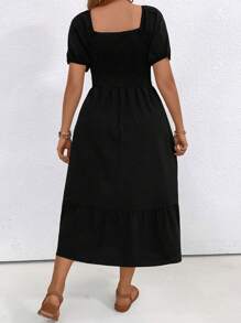 SHEIN LUNE Plus Size Women's Short Bubble Sleeve Dress With Button Decoration And Square Neckline - Black - View 2