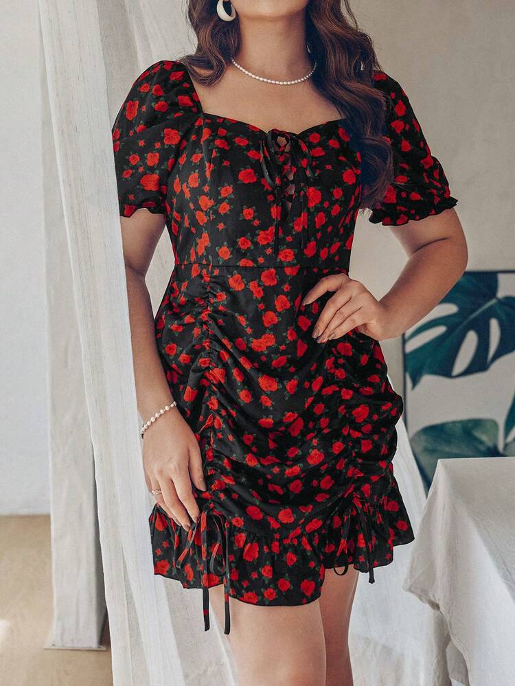 Plus Size Romantic Rose Printed Dress With Flounce Hem And Drawstring Waist For Valentine's Day