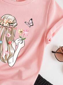 2 件套 Tween 女童休闲简约字母图案短袖 T 恤和短裤套装，棉混纺，夏季 - 粉色 - 查看 3