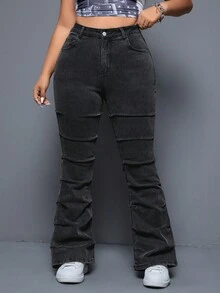 SHEIN ICON Kích thước lớn Của phụ nữ Quần denim Với Túi Và Xếp - màu đen - Xem 6
