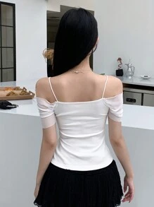 DAZY 女款素色露肩短袖百褶修身時尚T恤，短版上衣，外出穿搭掛脖上衣 - 白色 - 查看 5