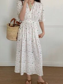 女士碎花连衣裙，带口袋，适合度假穿着，波西米亚风 - 白色 - 查看 2