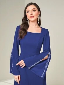Modelyn Slit Hem Bell Sleeve Dress With Bead Embellishment Church Dress - Royal Blue - View 4