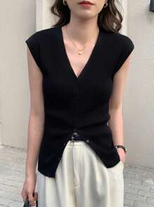 DAZY 1 件女士商务休闲纯色修身无袖 V 领针织上衣夏季 - 黑色 - 查看 6