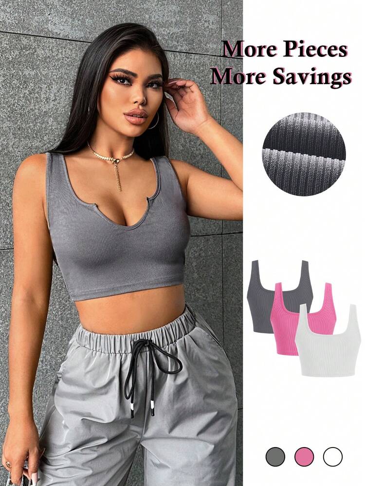 SHEIN SXY Conjunto de 3 Tops Cropped Feminino Gola com Entalhe em