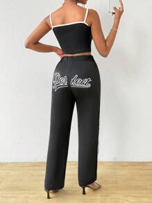 Zolique Letter Print Contrast Trim Cami Top And Straight Leg Pants - Black - View 2