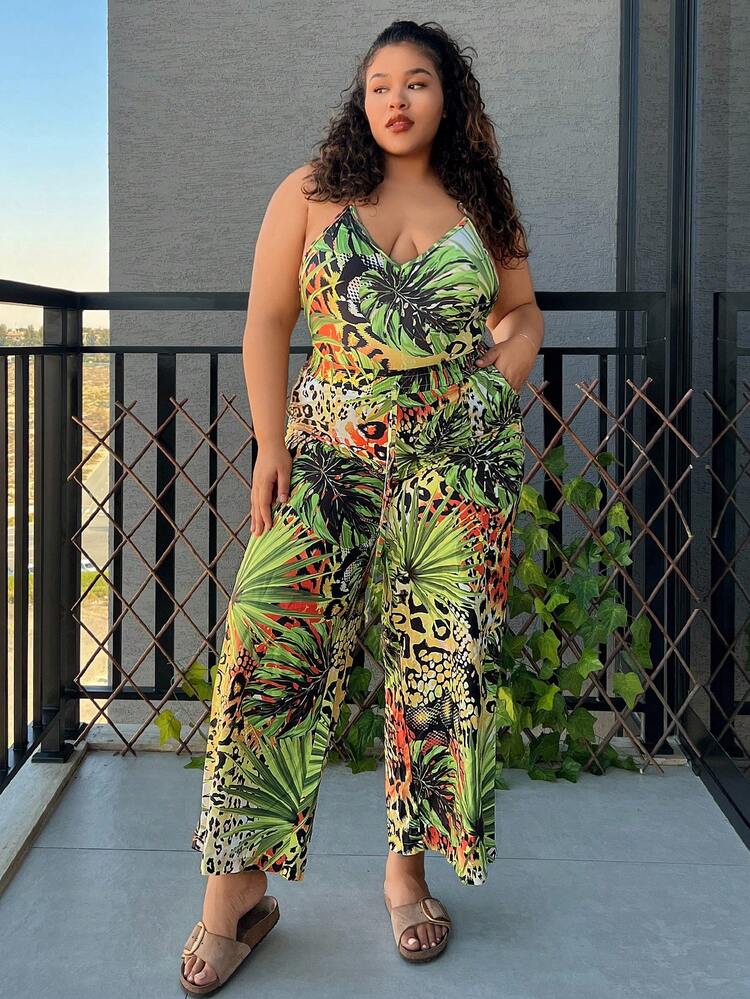 Plus Size Plant And Leopard Print Long Pants
