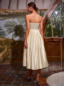 Sollinarry Hollow Out & High Slit Strapless Cocktail Dress - Champagne - View 2