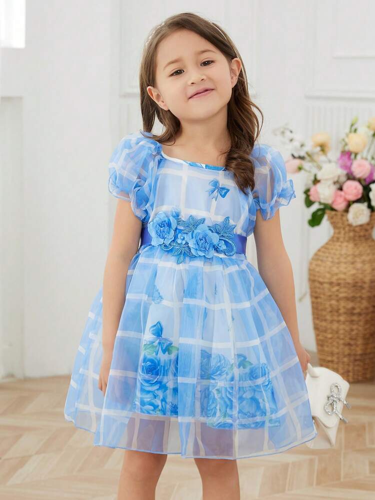 Young Girl's Blue & White Plaid Net Yarn Embroidered Vacation Dress For Summer