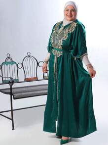 Al Najma Váy Kaftan Jalabiya rộng rãi cổ chữ V dệt thắt lưng cho nữ, phong cách tiệc tối sang trọng thanh lịch - Màu xanh lá cây đậm - Xem 8