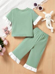 SHEIN Baby Girl's Casual Cartoon Rabbit Pattern Colorblock Pajamas With Ruffle Trim, Loose Fit - Green - View 2