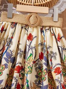 SHEIN Tween Girls' Cute Woven Belt Elastic Waist Floral Printed Mid-Length Skirt - Multicolor - View 3