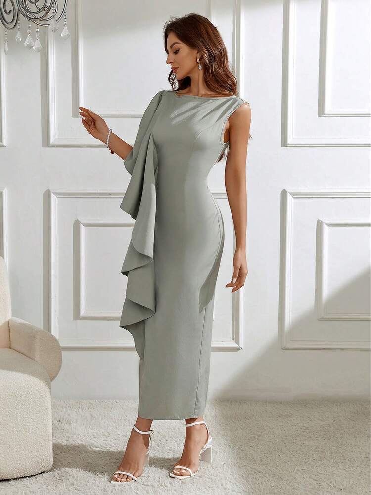 Women's Solid Color Ruffle Trim Decorated Dress