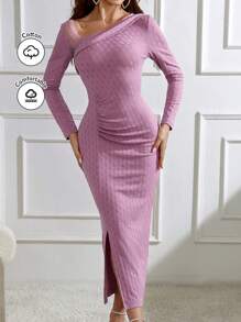 Modelyn Ladies' Fashionable Solid Color Mesh Splicing Pleated Dress Long Evening Dresses - Purple - View 1